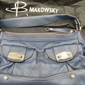 b. makowsky Navy Leather Shoulder Bag with Dual Front Turn-Lock Pockets